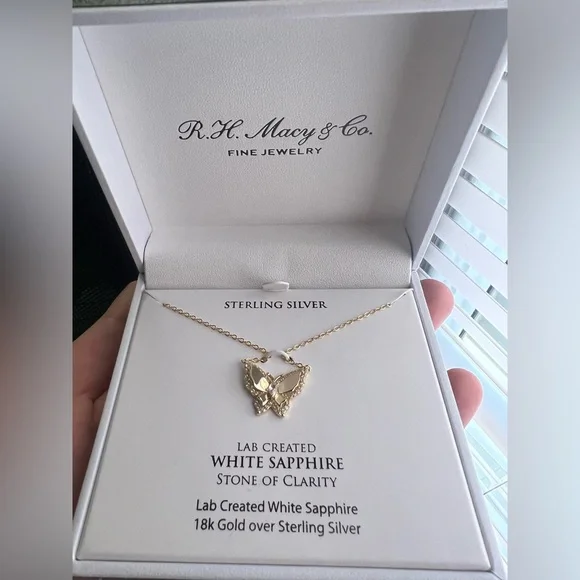 NWT White Sapphire 18 Butterfly Pendant Necklace 14k Gold-Plated Sterling Silver - Picture 5 of 6